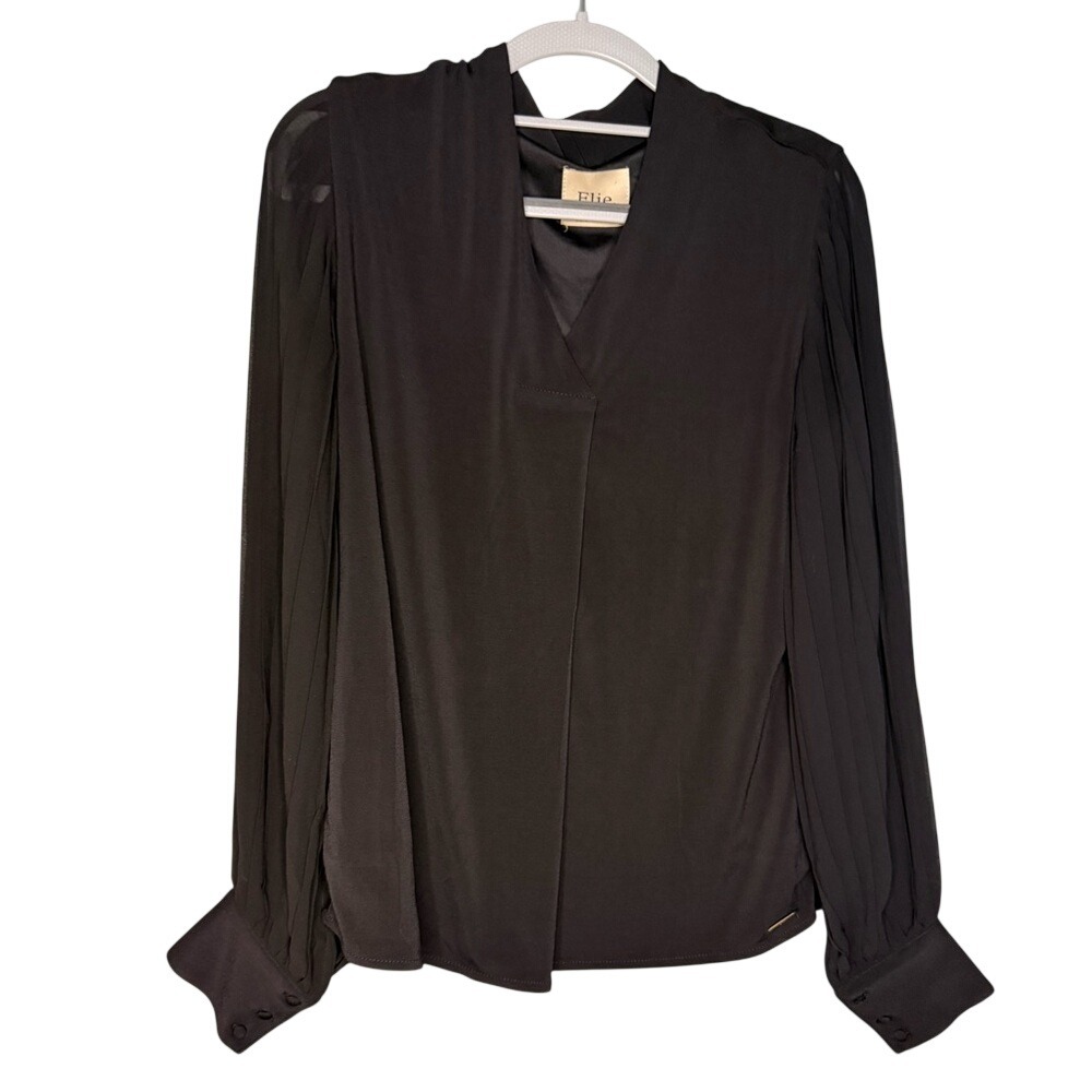 Elie Tahari vneck lightweight black blouse classic career wear office attire